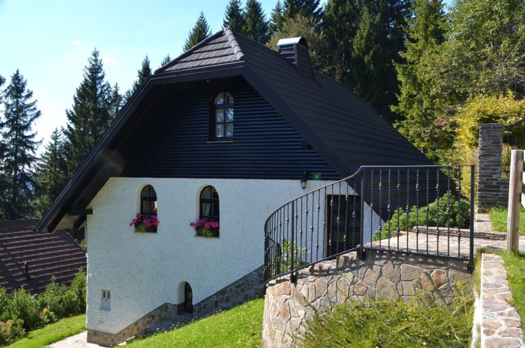 Vhod v hišo s kovano ograjo in kamnitim zidom